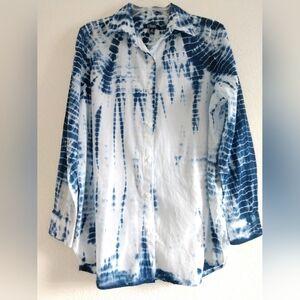 Chaps Women's Tie Dye Shirt Beach Coastal Blue White Long Sleeve Large Boho